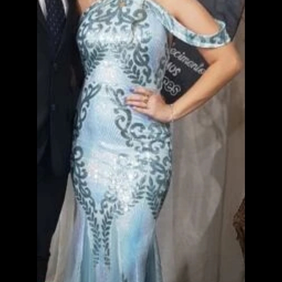 BABY BLUE HALTER STYLE, SLEEVELESS BAROQUE MERMAID MAXI DRESS - Picture 14 of 16